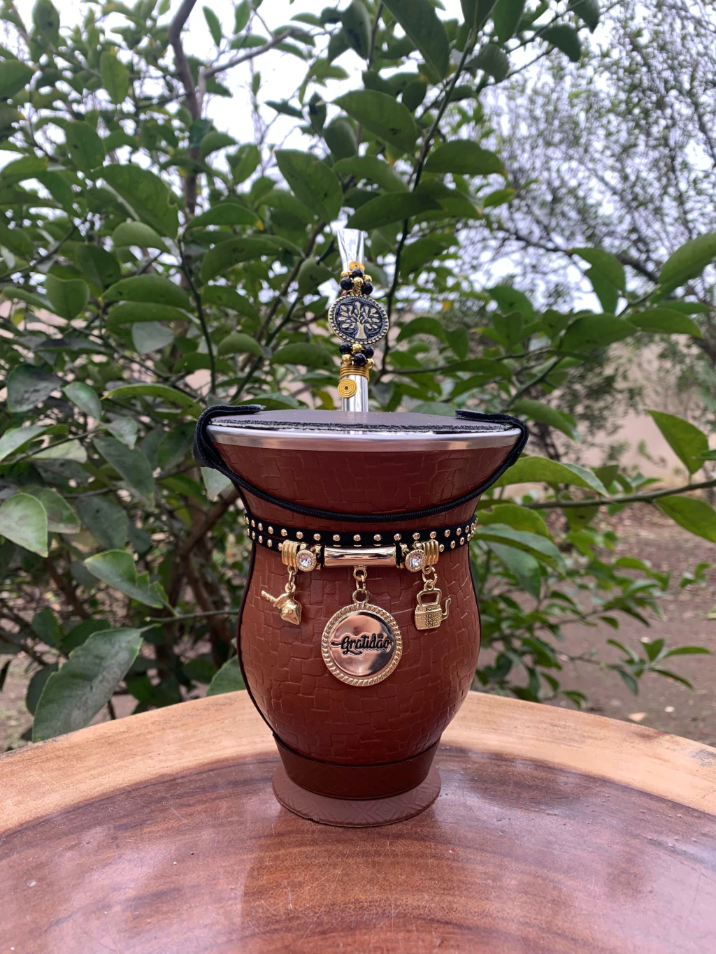 Kit chimarrão: Cuia de Porongo Revestida em Sintético Trançada + Bomba em inox com pingente + Premium + Tapa Erva